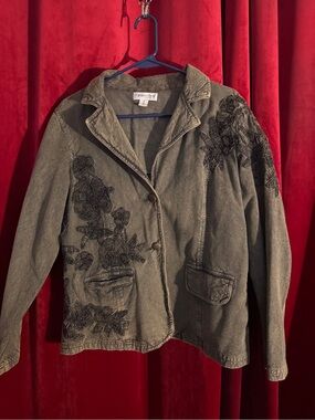 Floral Embroidered Blazer Jean Jacket